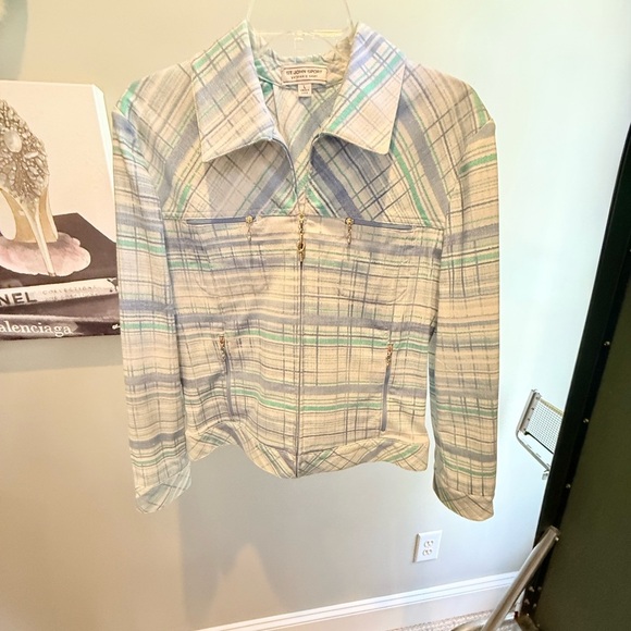 St John Cream/Teal/Blue Watercolor Plaid Gold Zip Jacket Size Large $425 - Picture 9 of 13